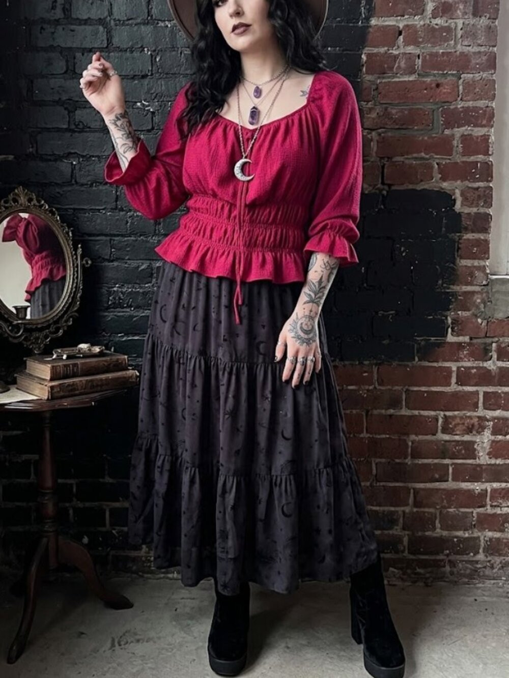 Mine Raspberry Red Smocked Peasant Top, Large